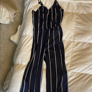 Zaful Blue and White Striped Jumpsuit V-Neck Sleeveless